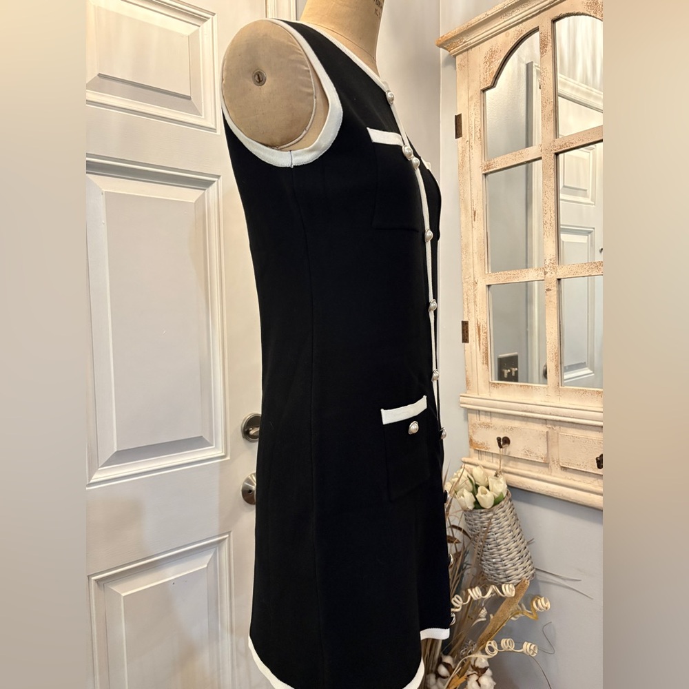 Commense  Sleeveless Black and White Faux Pearl-Trim Chanel Style MIDI Dress L‎ - Picture 3 of 8